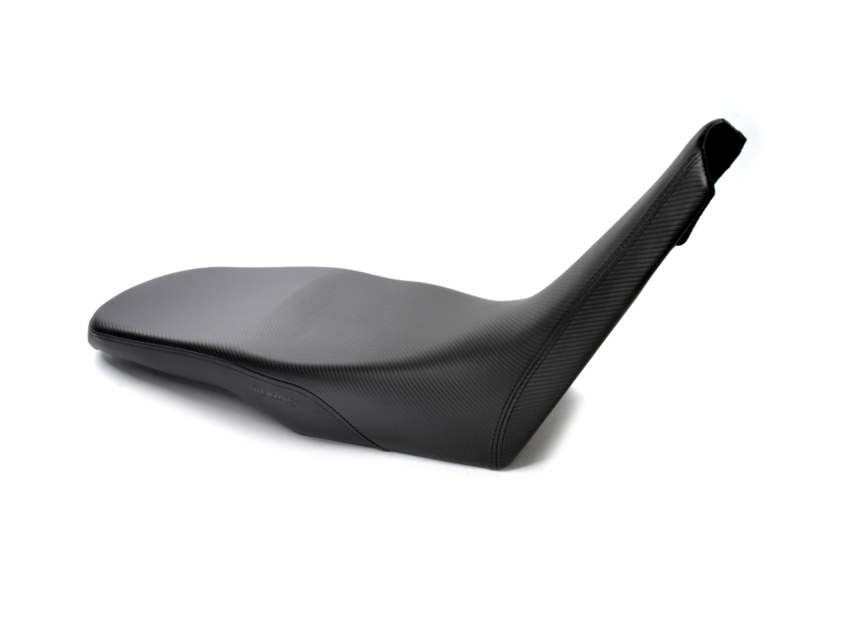 REVolution OEM Motorcycle Seat Upgrade for the Aprilia Tuareg 660 2022+ with black topstitch and CFX inserts..